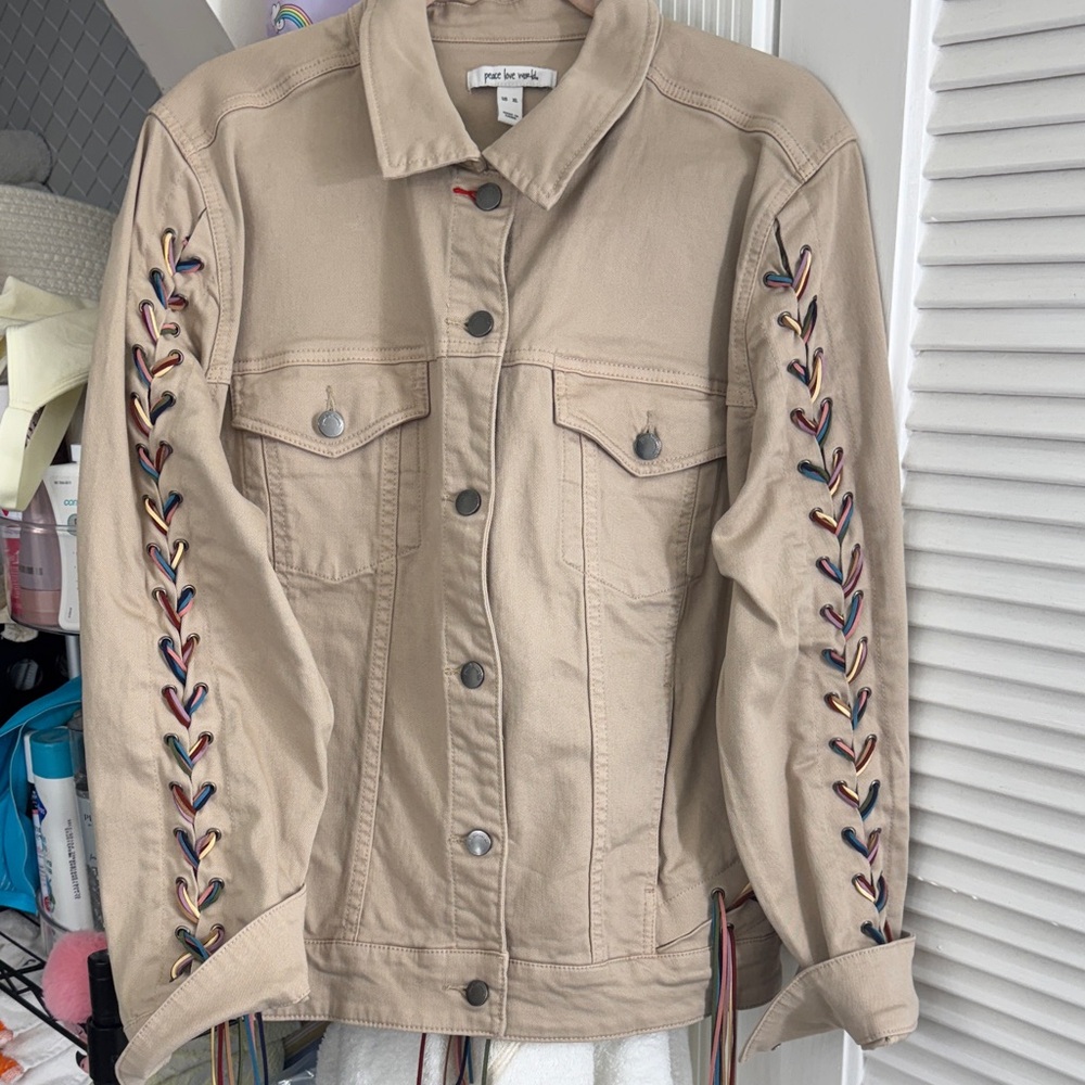 Peace Love World Cream Jean Jacket with Colorful Lace-Up Sleeves - Picture 3 of 15